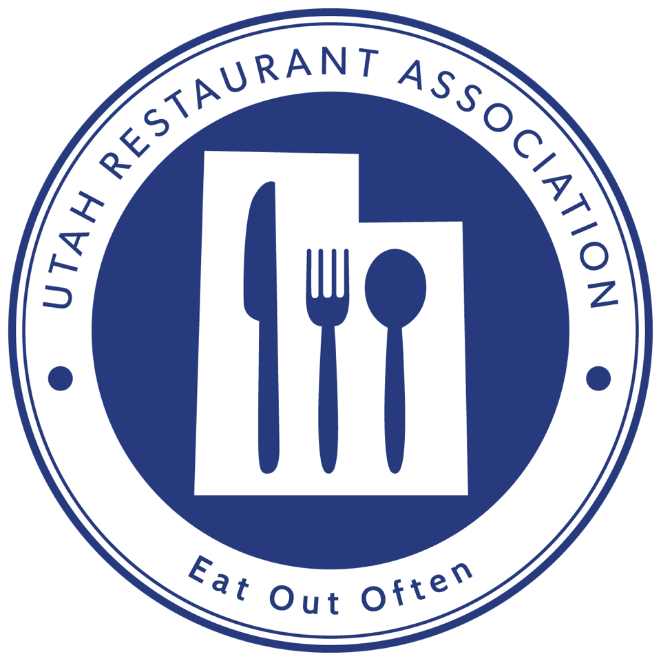 Logo of Utah Restaurant Association with dining utensils and map.