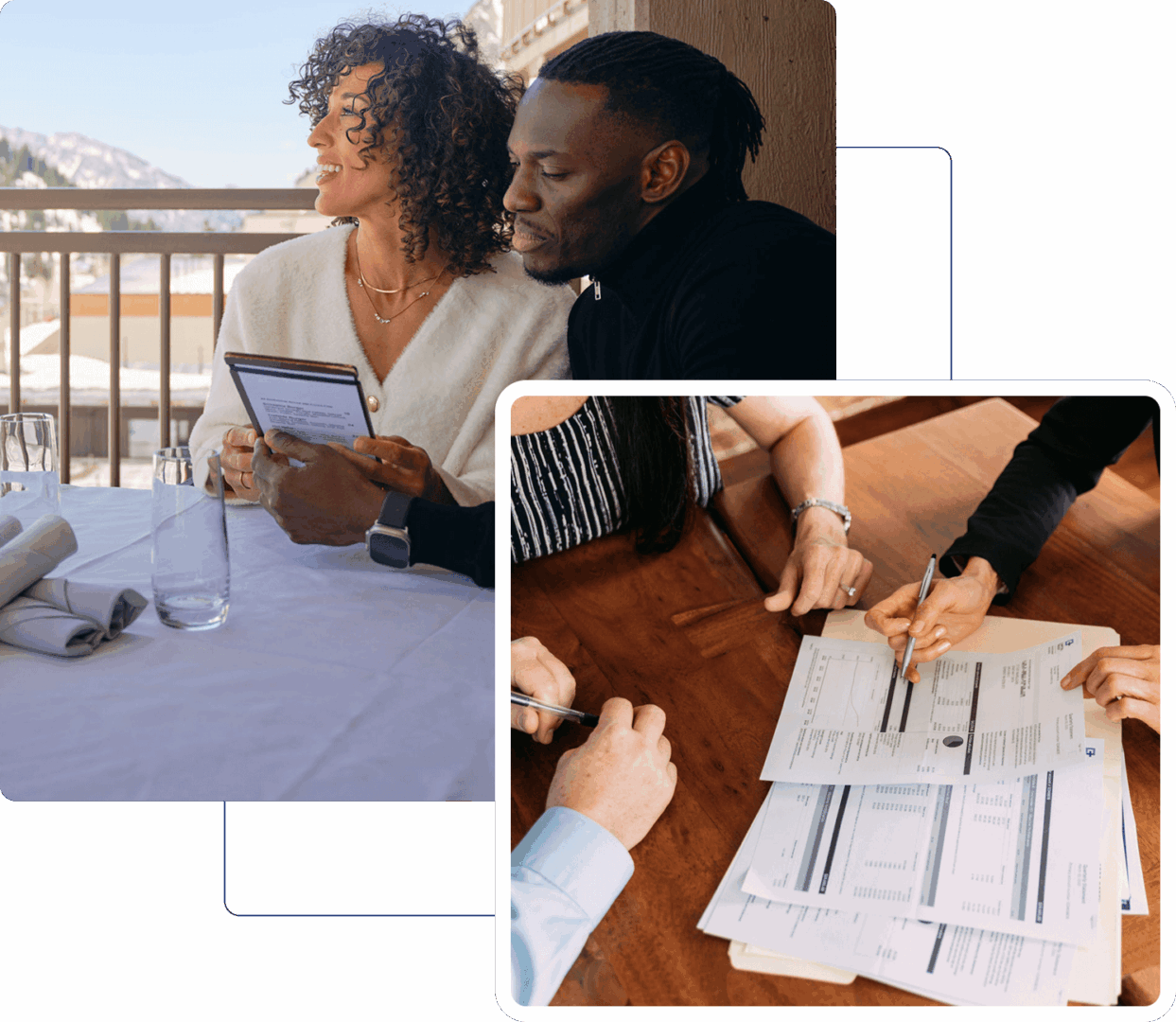 Couple with tablet, group reviewing documents.